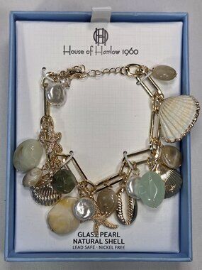 House of Harlow 1960 Gold Link Charm Bracelet Natural Shell Glass Pearl NIB
